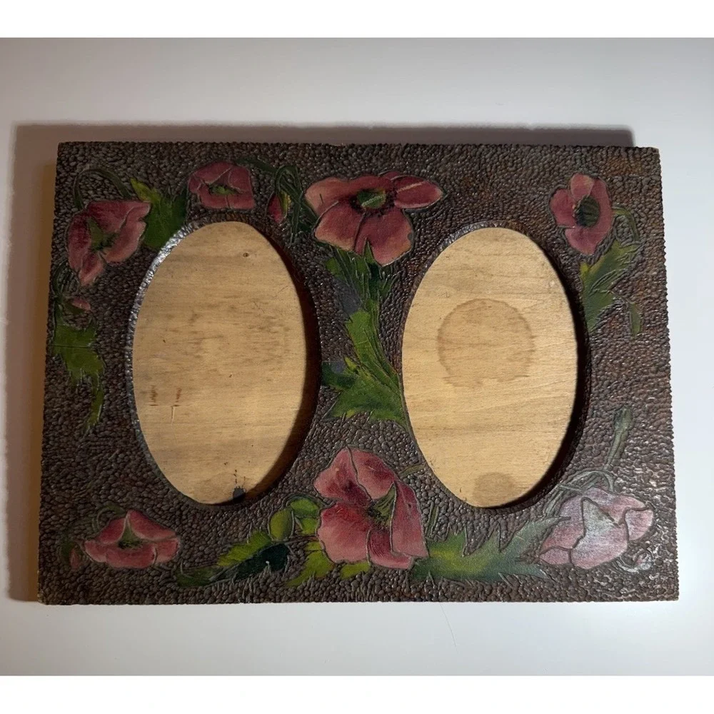 Antique Flemish Art Double Oval Photo Frame Poppy Floral Wall Hanging 12x9